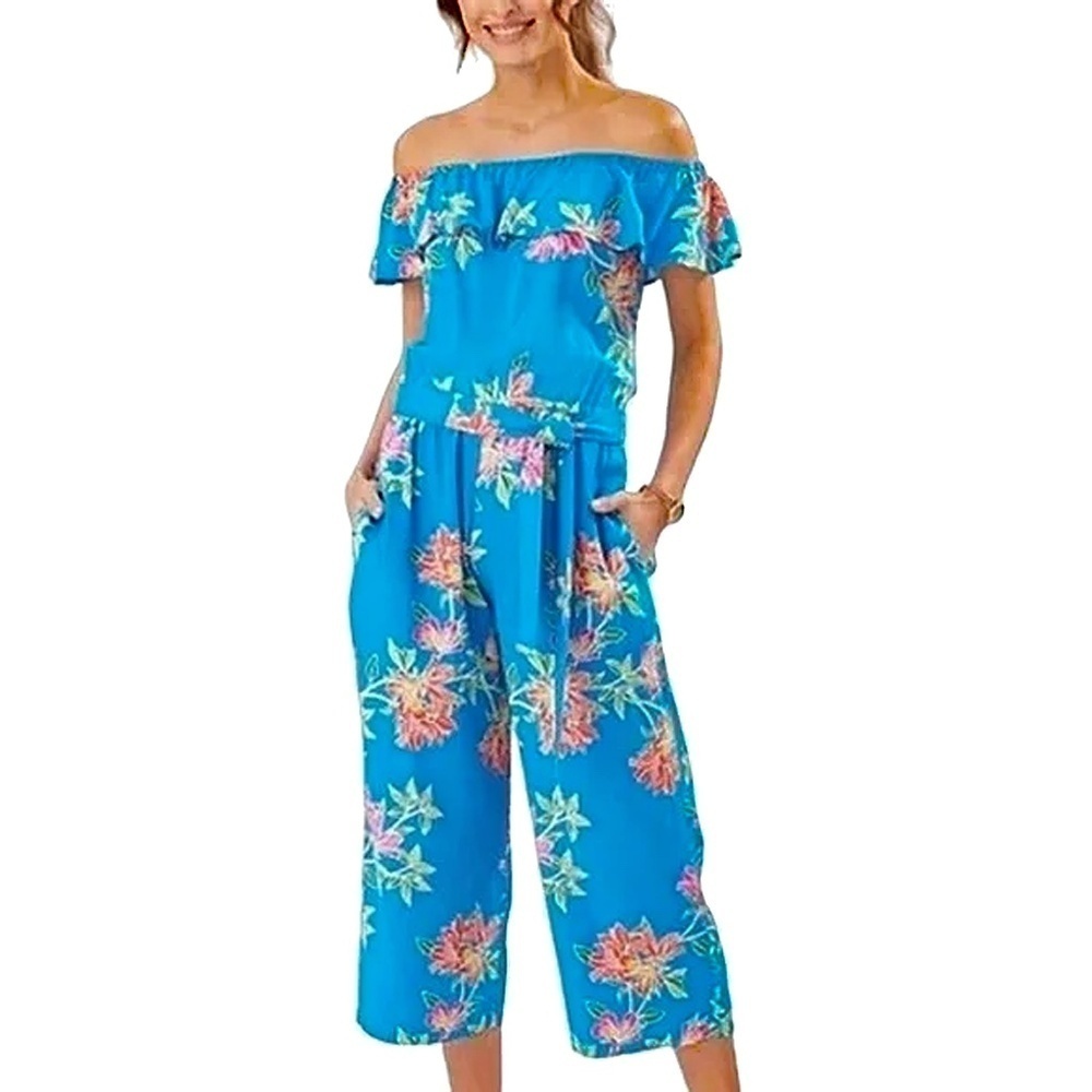 Tommy Bahama Cropped Romper Jumpsuit Sun Lilies Floral Azure Blue Ruffles M-L